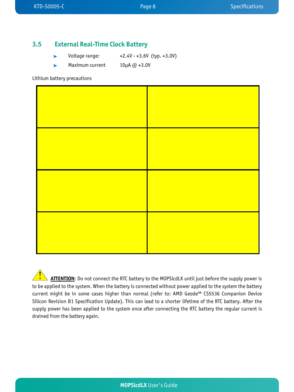 5 external real-time clock battery, Mopslcdlx user's guide | Kontron MOPSlcdLX User Manual | Page 12 / 54