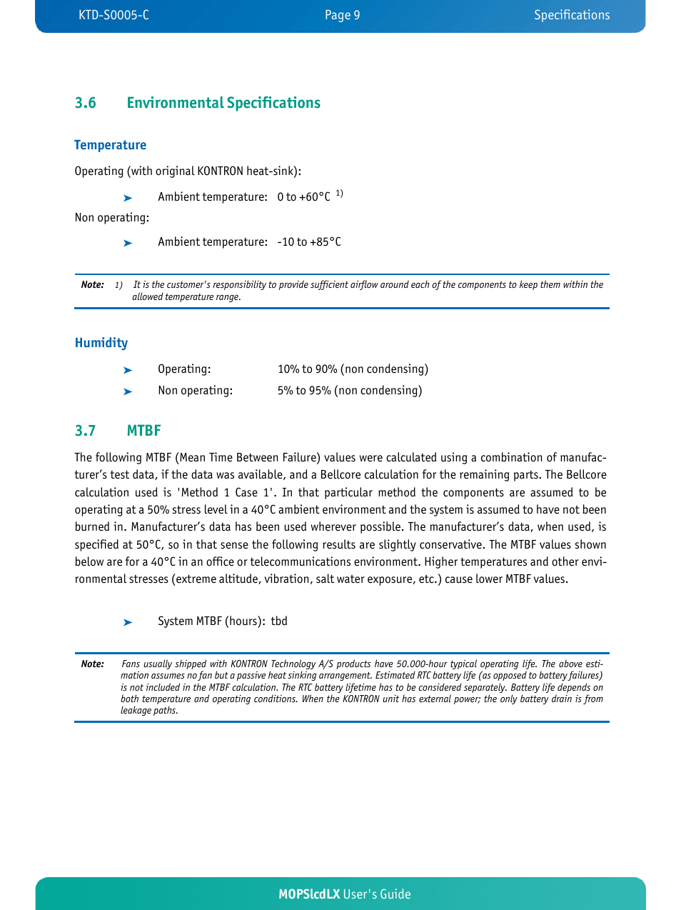 6 environmental specifications, 7 mtbf | Kontron MOPSlcdLX User Manual | Page 13 / 54