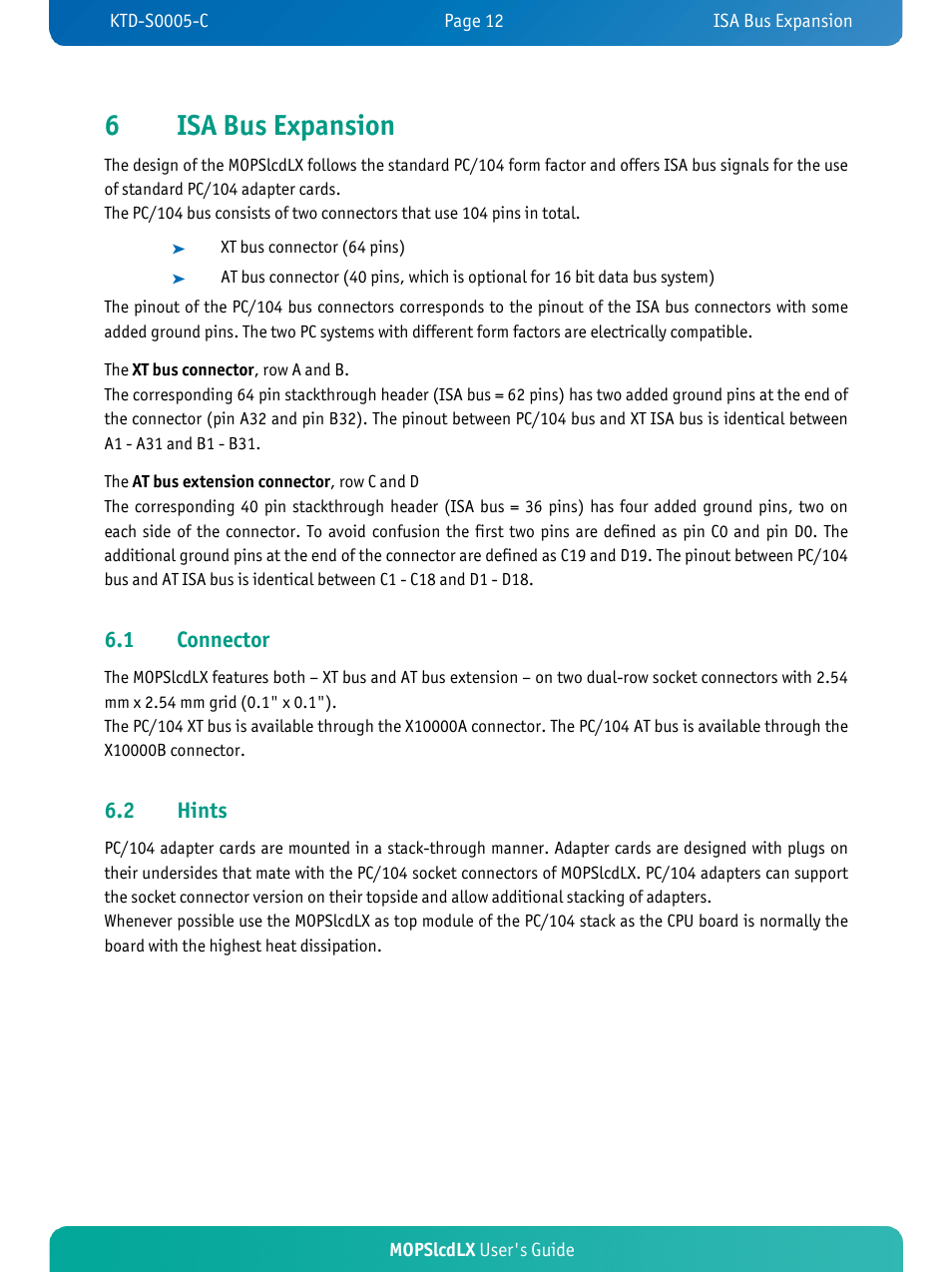 6isa bus expansion, 1 connector, 2 hints | Kontron MOPSlcdLX User Manual | Page 16 / 54