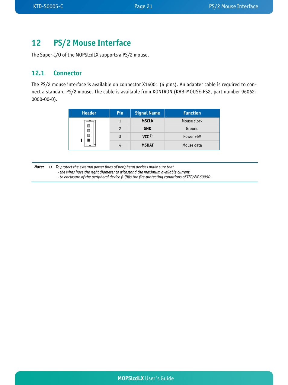 12 ps/2 mouse interface, 1 connector, Mopslcdlx user's guide | Kontron MOPSlcdLX User Manual | Page 25 / 54