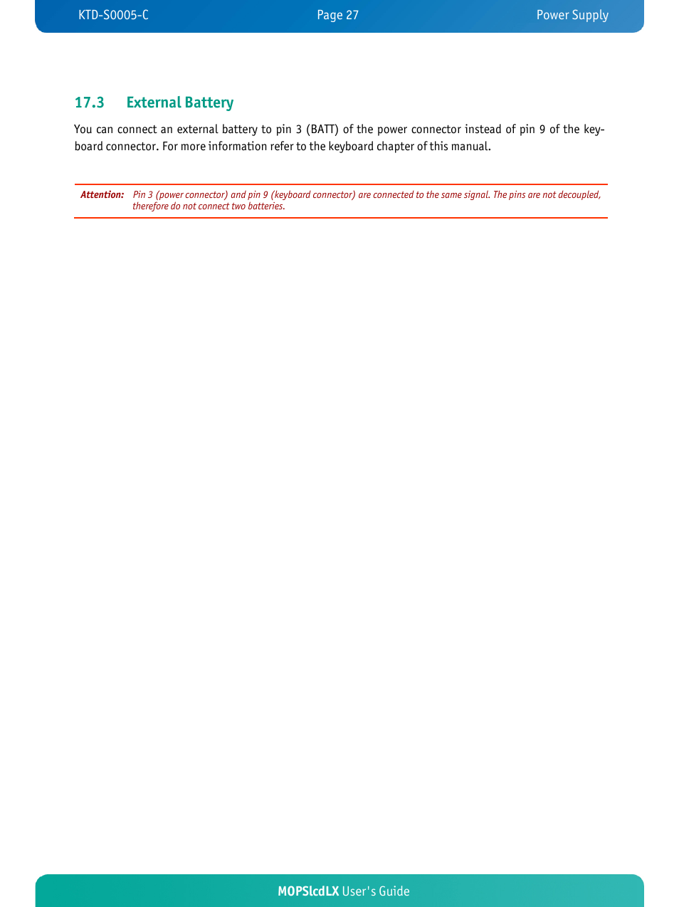 3 external battery | Kontron MOPSlcdLX User Manual | Page 31 / 54