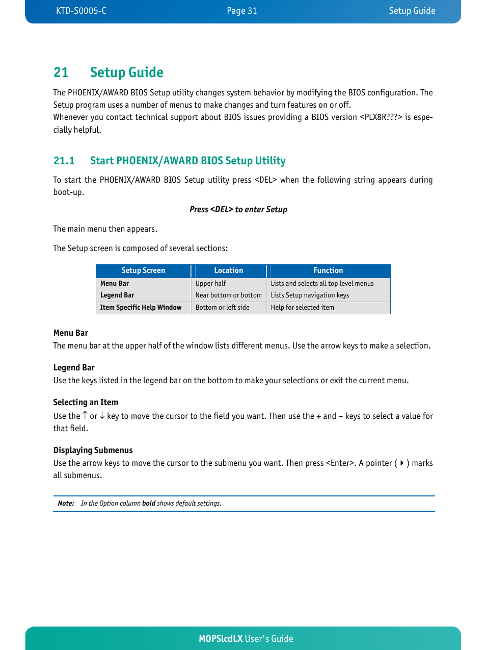 21 setup guide, 1 start phoenix/award bios setup utility, Mopslcdlx user's guide | Kontron MOPSlcdLX User Manual | Page 35 / 54