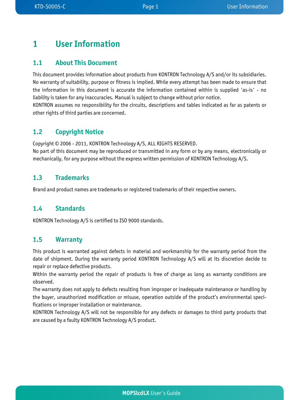 1user information | Kontron MOPSlcdLX User Manual | Page 5 / 54