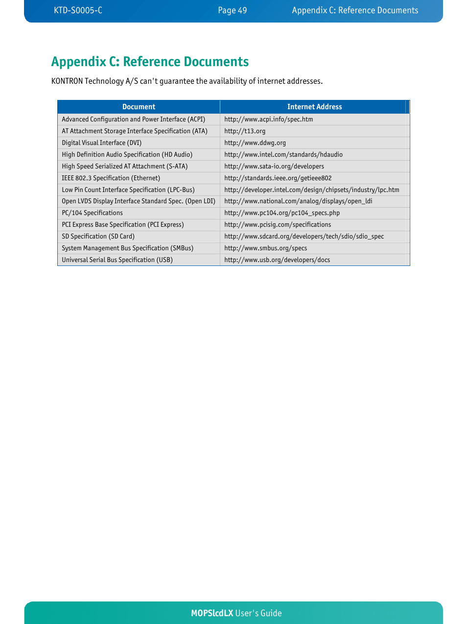 Appendix c: reference documents, Mopslcdlx user's guide | Kontron MOPSlcdLX User Manual | Page 53 / 54