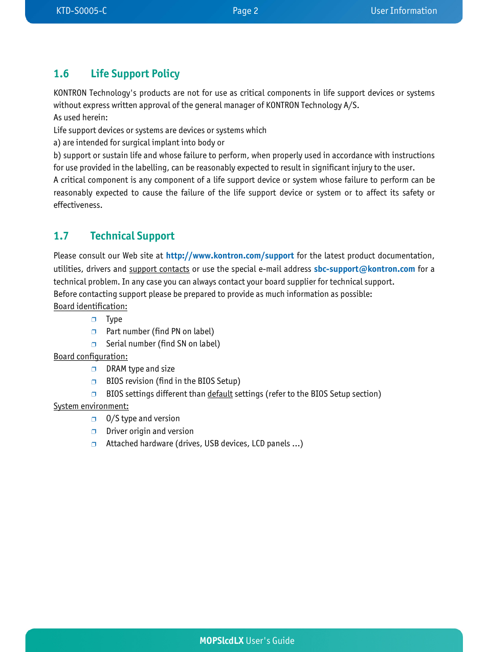 6 life support policy, 7 technical support | Kontron MOPSlcdLX User Manual | Page 6 / 54