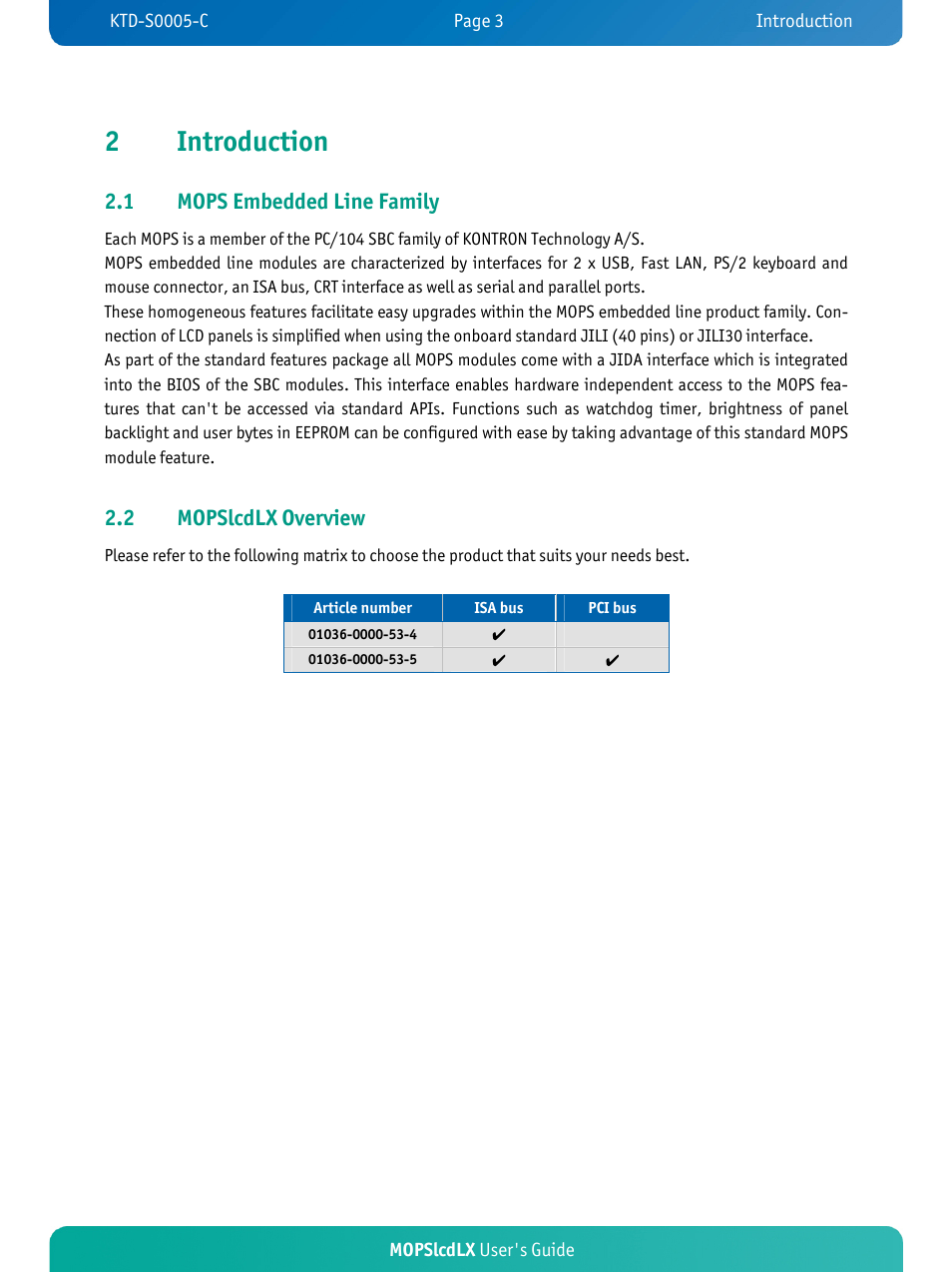 2introduction, 1 mops embedded line family, 2 mopslcdlx overview | Kontron MOPSlcdLX User Manual | Page 7 / 54