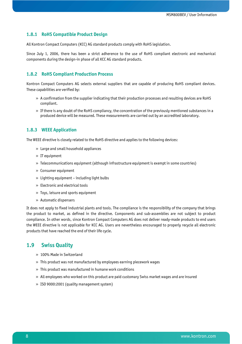 1 rohs compatible product design, 2 rohs compliant production process, 3 weee application | 9 swiss quality, Rohs compatible product design, Rohs compliant production process, Weee application, Swiss quality | Kontron MSM800BEV User Manual | Page 10 / 101