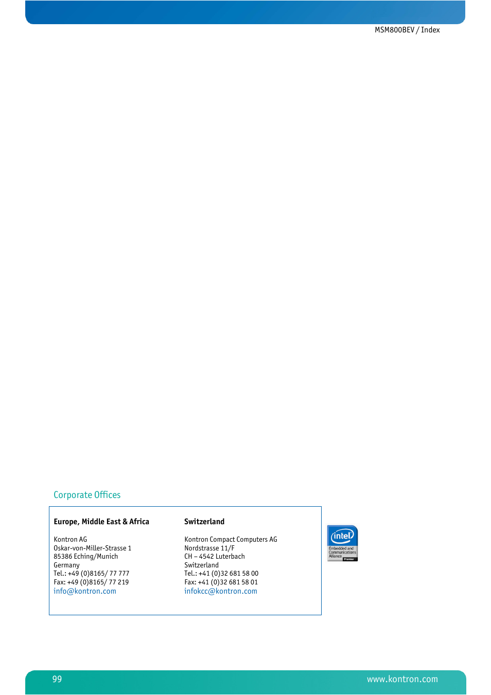 Corporate offices | Kontron MSM800BEV User Manual | Page 101 / 101