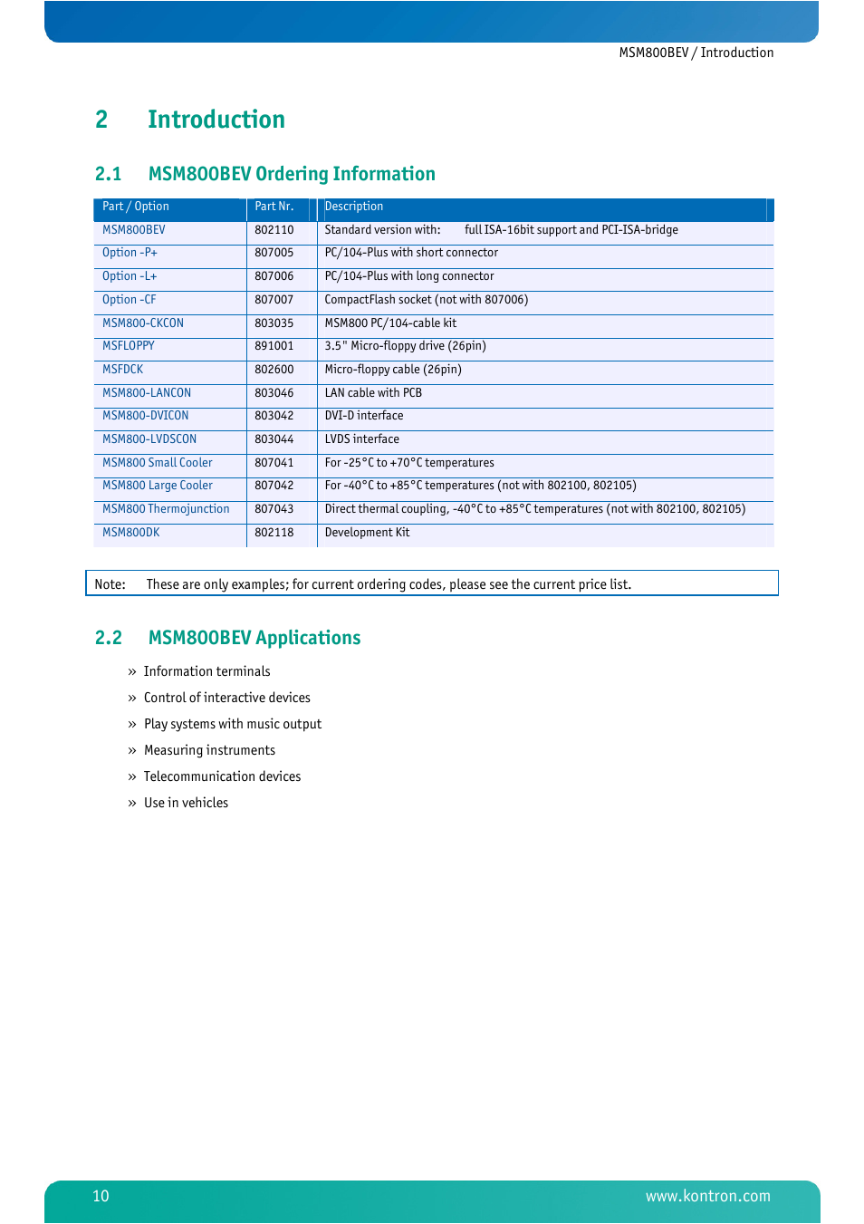 2 introduction, 1 msm800bev ordering information, 2 msm800bev applications | Introduction, Msm800bev ordering information, Msm800bev applications, 2introduction | Kontron MSM800BEV User Manual | Page 12 / 101