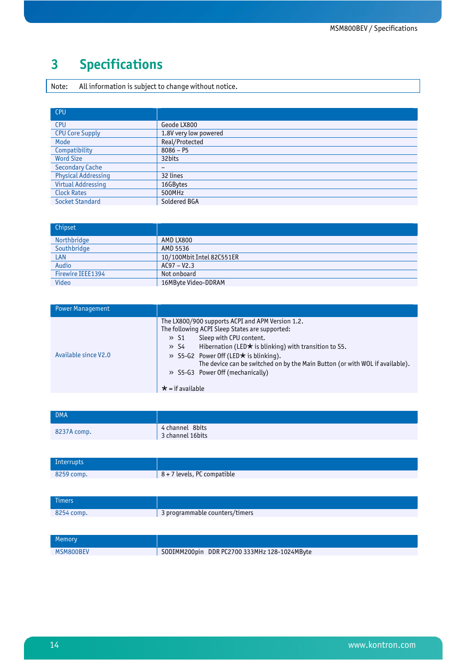 3 specifications, Specifications, 3specifications | Kontron MSM800BEV User Manual | Page 16 / 101