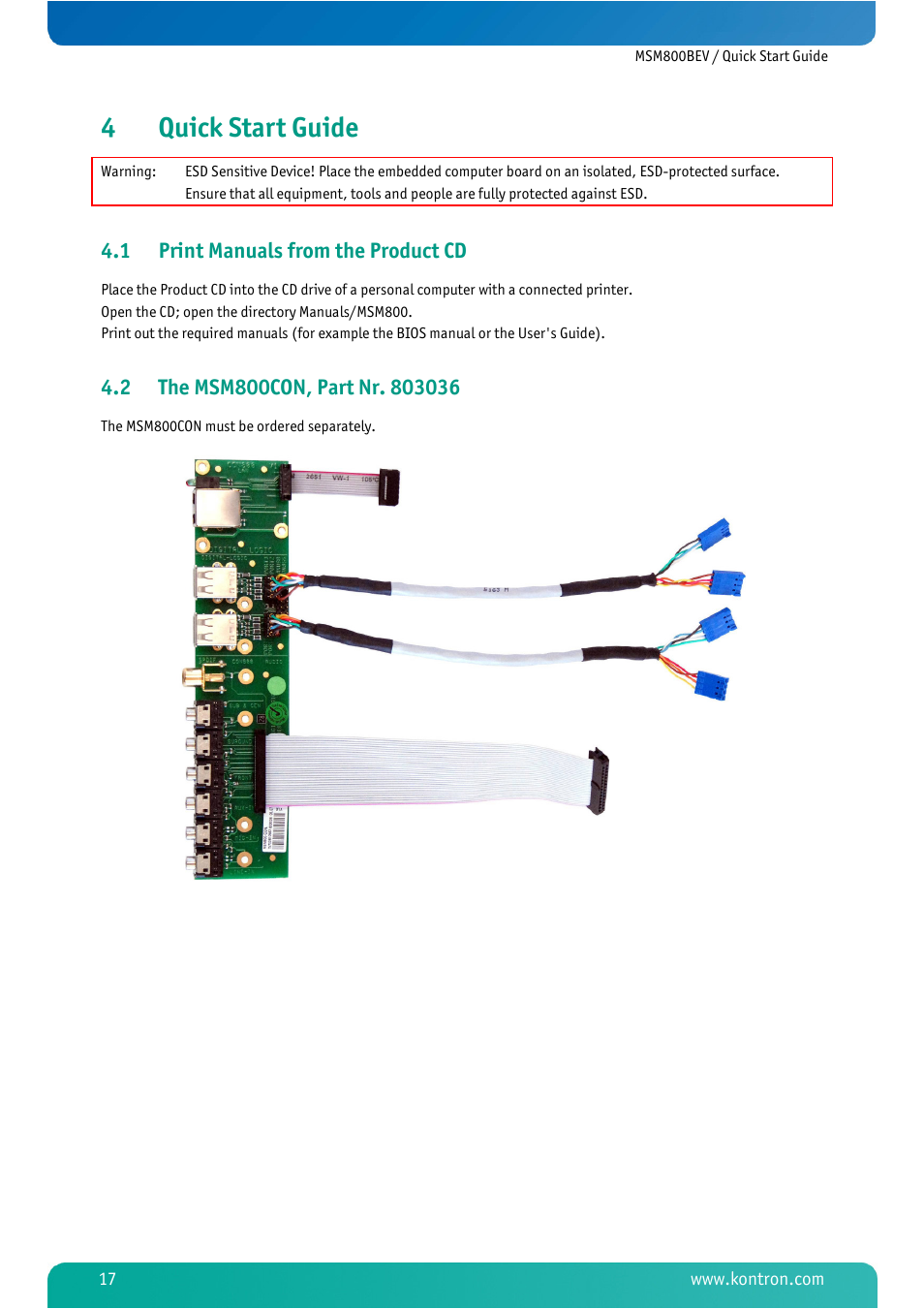 4 quick start guide, 1 print manuals from the product cd, 2 the msm800con, part nr. 803036 | Quick start guide, Print manuals from the product cd, The msm800con, part nr. 803036, 4quick start guide | Kontron MSM800BEV User Manual | Page 19 / 101