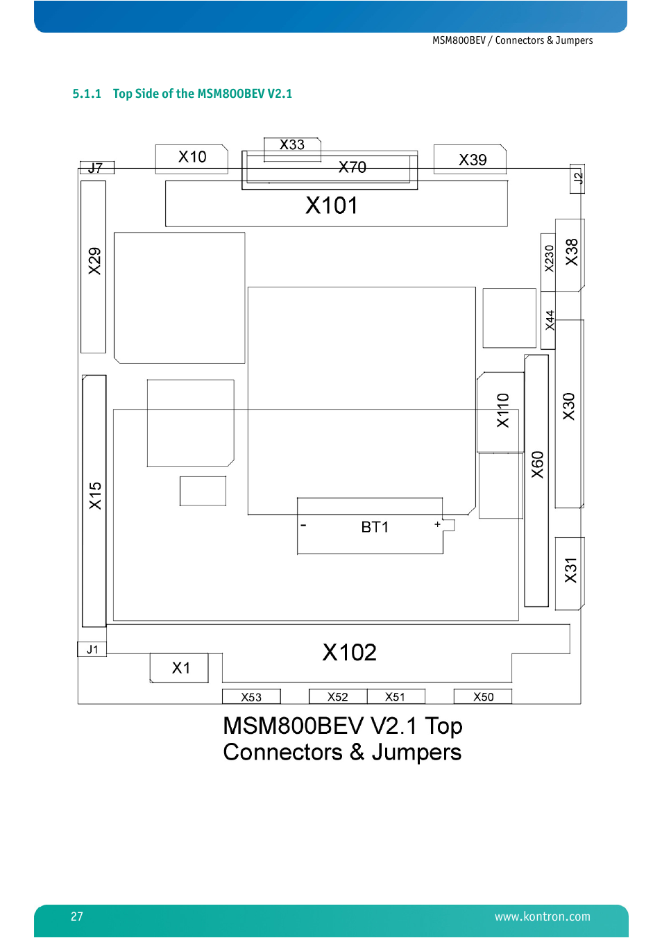 1 top side of the msm800bev v2.1, Top side of the msm800bev v2.1 | Kontron MSM800BEV User Manual | Page 29 / 101