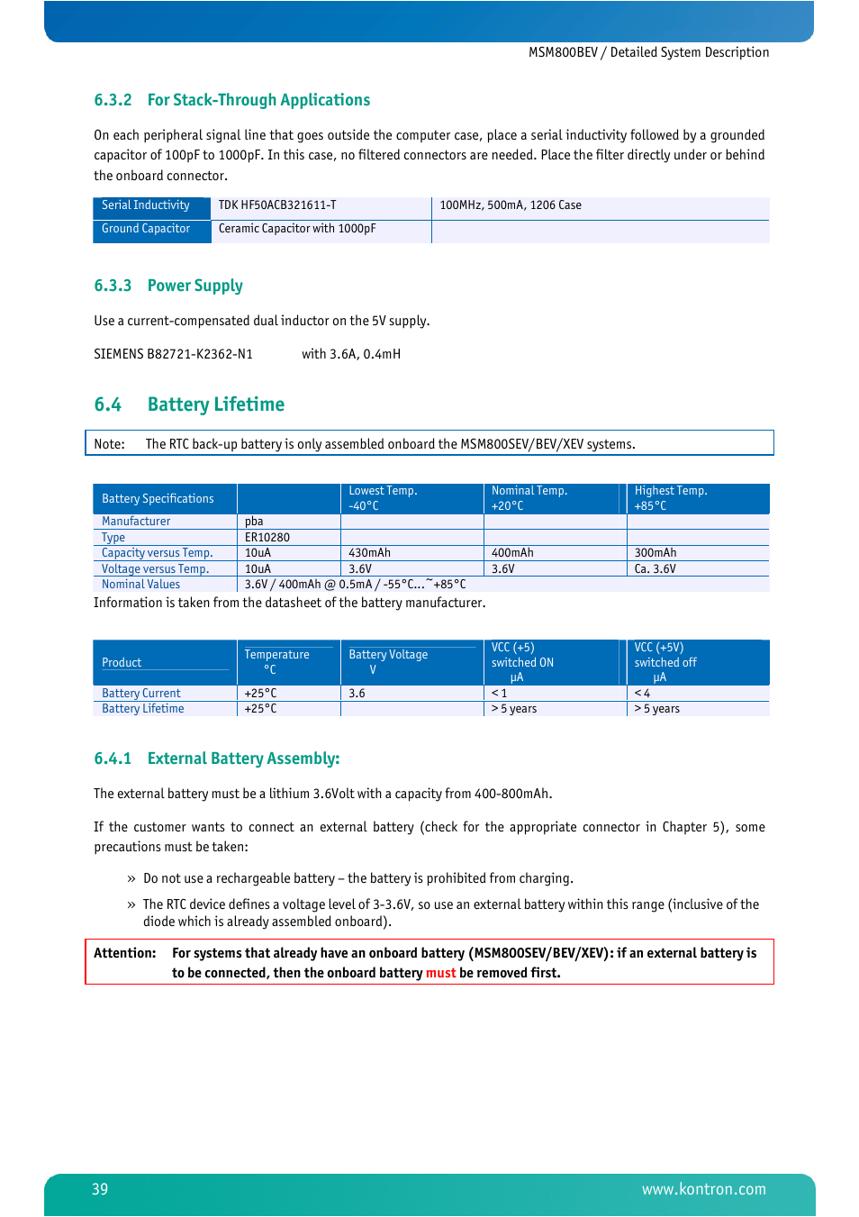 2 for stack-through applications, 3 power supply, 4 battery lifetime | 1 external battery assembly, For stack-through applications, Power supply, Battery lifetime, External battery assembly | Kontron MSM800BEV User Manual | Page 41 / 101