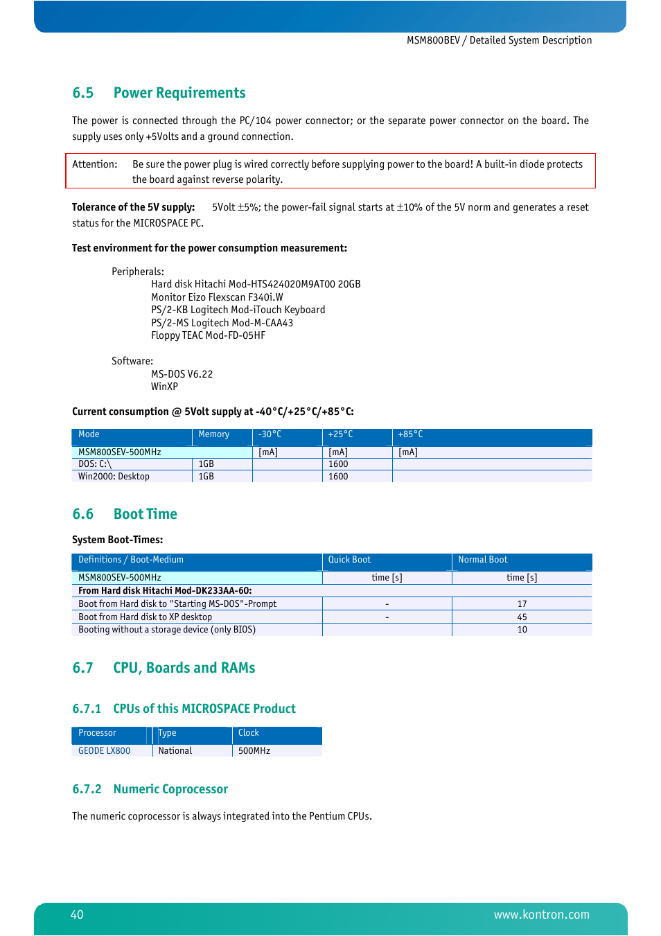 5 power requirements, 6 boot time, 7 cpu, boards and rams | 1 cpus of this microspace product, 2 numeric coprocessor, Power requirements, Boot time, Cpu, boards and rams, Cpus of this microspace product, Numeric coprocessor | Kontron MSM800BEV User Manual | Page 42 / 101