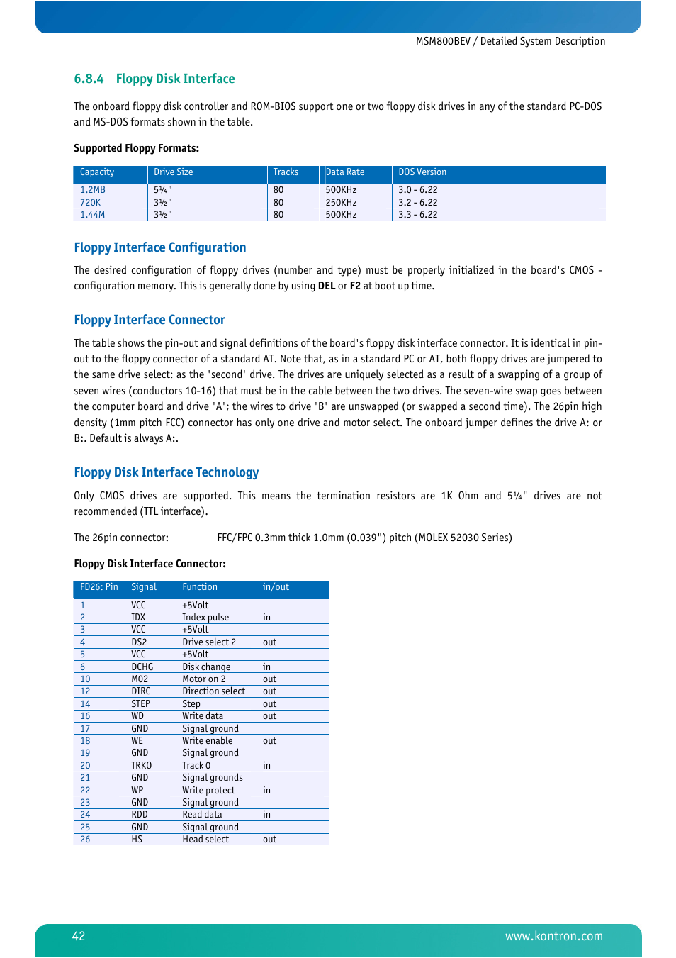 4 floppy disk interface, Floppy disk interface, Floppy interface configuration | Floppy interface connector, Floppy disk interface technology | Kontron MSM800BEV User Manual | Page 44 / 101
