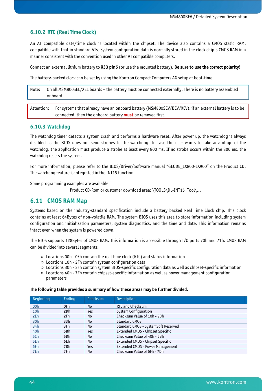 2 rtc (real time clock), 3 watchdog, 11 cmos ram map | Rtc (real time clock), Watchdog, Cmos ram map | Kontron MSM800BEV User Manual | Page 46 / 101