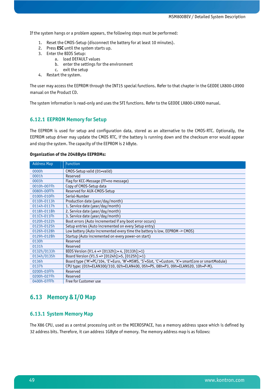 1 eeprom memory for setup, 13 memory & i/o map, 1 system memory map | Eeprom memory for setup, Memory & i/o map, System memory map | Kontron MSM800BEV User Manual | Page 51 / 101