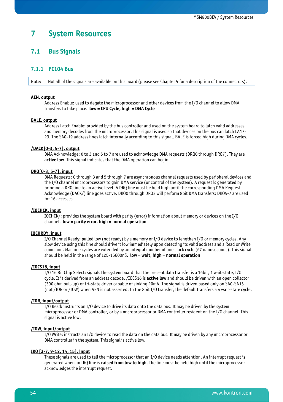 7 system resources, 1 bus signals, 1 pc104 bus | System resources, Bus signals, Pc104 bus, 7system resources | Kontron MSM800BEV User Manual | Page 56 / 101