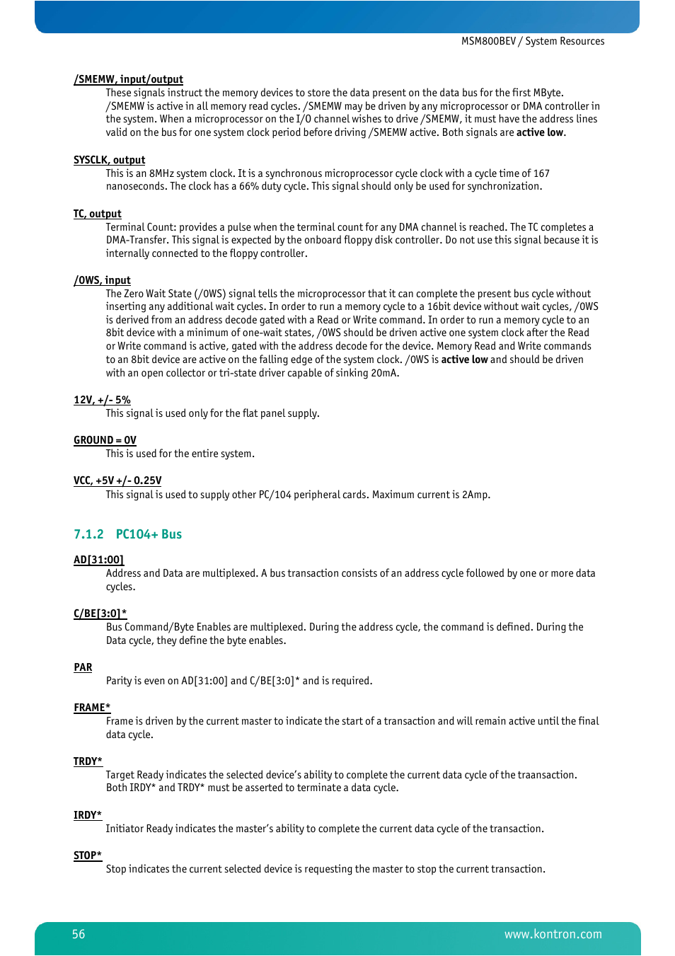 2 pc104+ bus, Pc104+ bus | Kontron MSM800BEV User Manual | Page 58 / 101