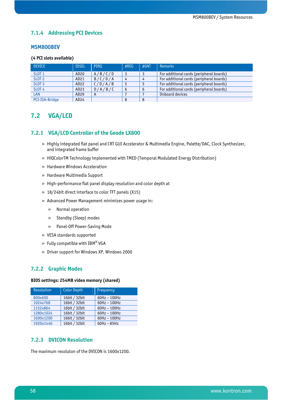 4 addressing pci devices, 2 vga/lcd, 1 vga/lcd controller of the geode lx800 | 2 graphic modes, 3 dvicon resolution, Addressing pci devices, Vga/lcd, Vga/lcd controller of the geode lx800, Graphic modes, Dvicon resolution | Kontron MSM800BEV User Manual | Page 60 / 101