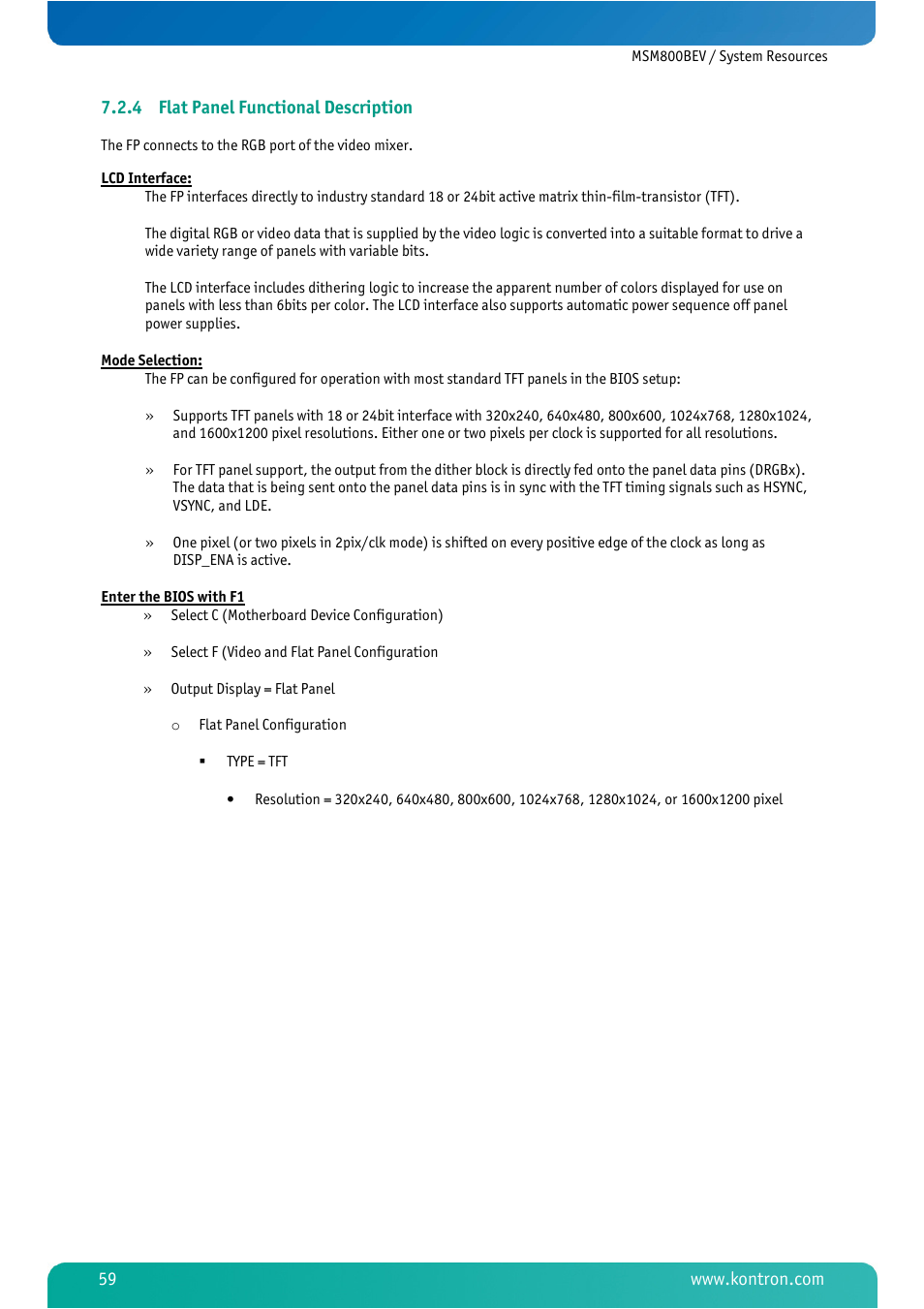 4 flat panel functional description, Flat panel functional description | Kontron MSM800BEV User Manual | Page 61 / 101