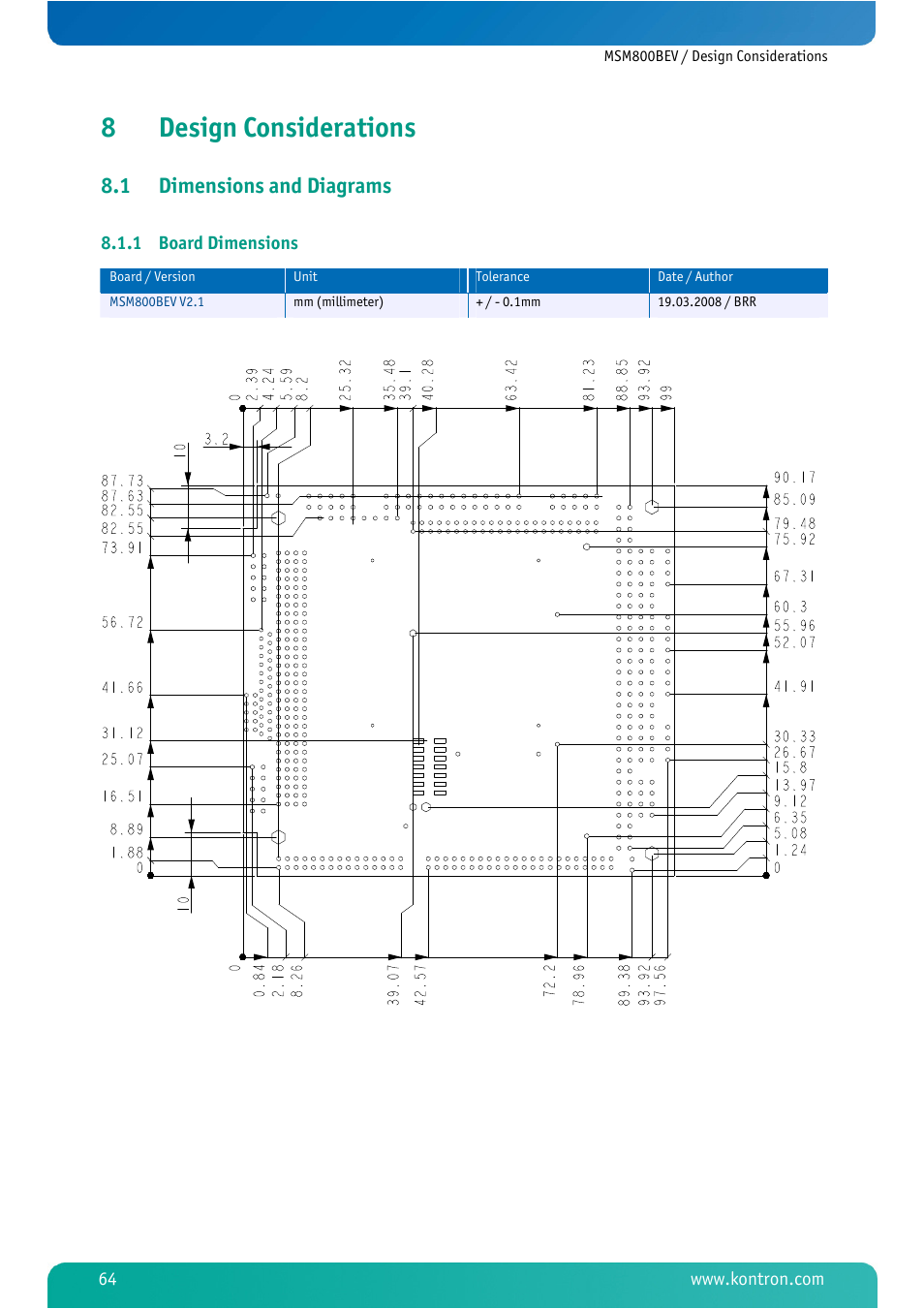 8 design considerations, 1 dimensions and diagrams, 1 board dimensions | Design considerations, Dimensions and diagrams, Board dimensions, 8design considerations | Kontron MSM800BEV User Manual | Page 66 / 101