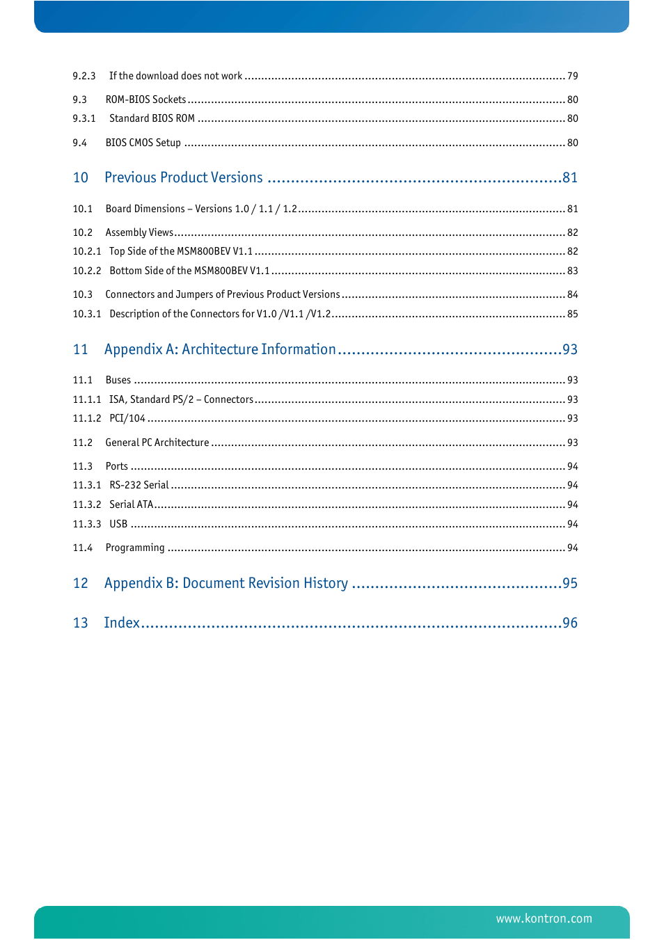 Previous product versions, Appendix a: architecture information, Appendix b: document revision history 13 | Index | Kontron MSM800BEV User Manual | Page 7 / 101
