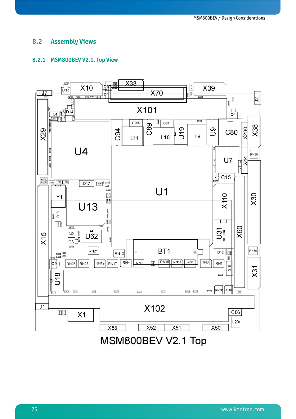 2 assembly views, 1 msm800bev v2.1, top view, Assembly views | Msm800bev v2.1, top view | Kontron MSM800BEV User Manual | Page 77 / 101