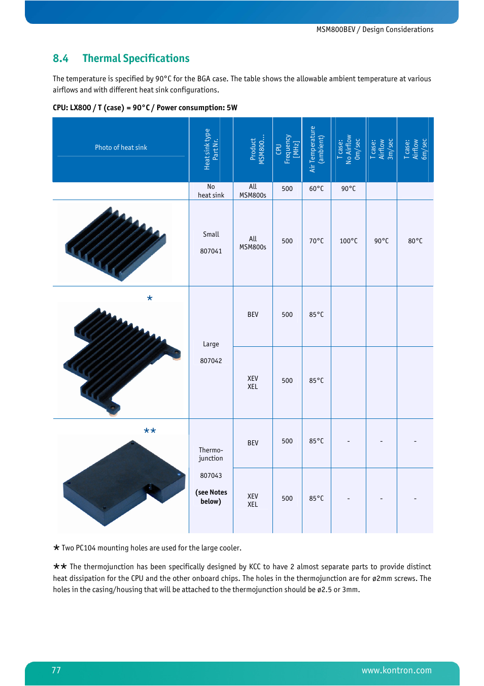 4 thermal specifications, Thermal specifications | Kontron MSM800BEV User Manual | Page 79 / 101