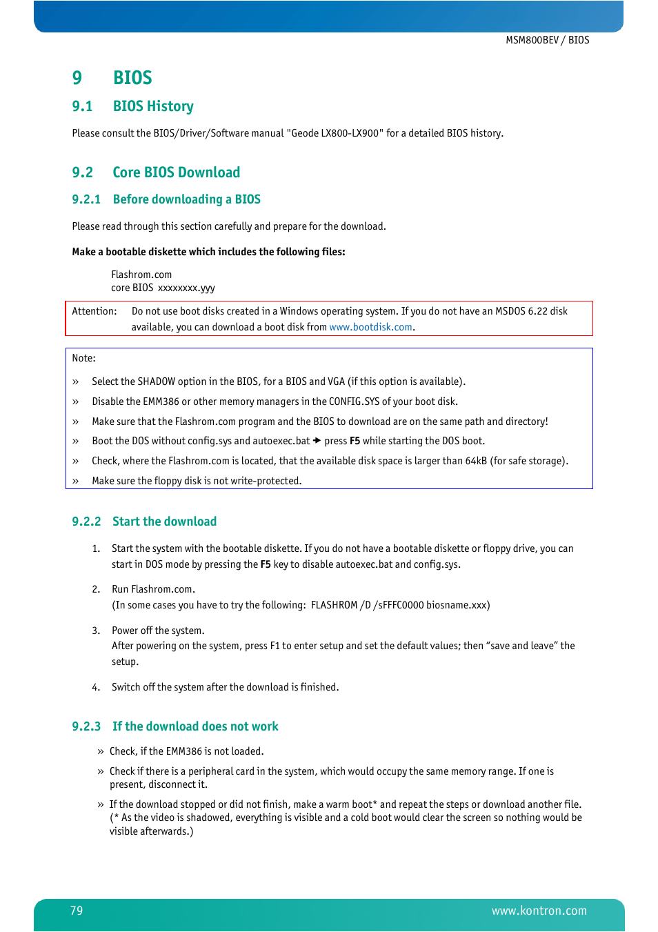 9 bios, 1 bios history, 2 core bios download | 1 before downloading a bios, 2 start the download, 3 if the download does not work, Bios, Bios history, Core bios download, Before downloading a bios | Kontron MSM800BEV User Manual | Page 81 / 101