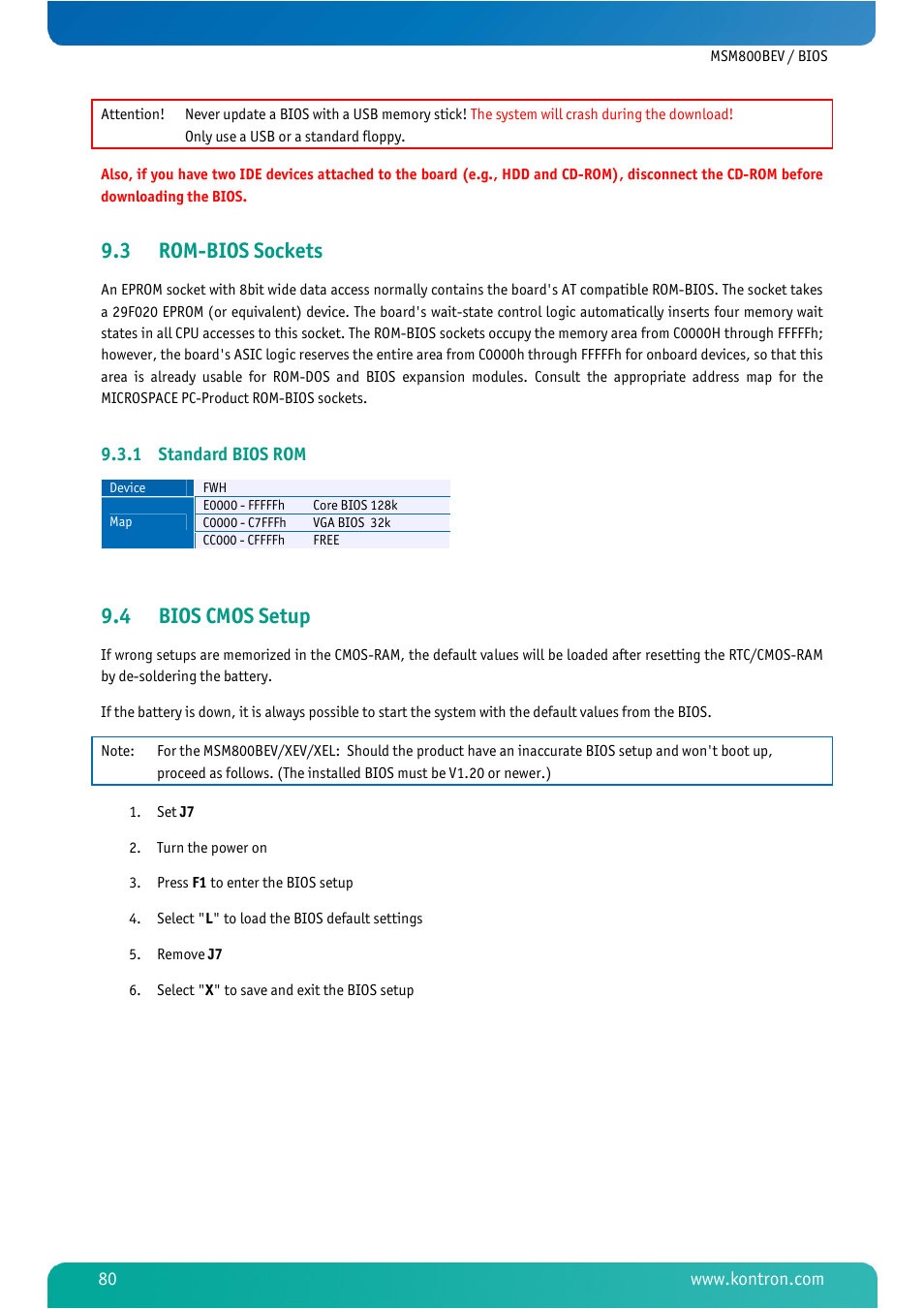 3 rom-bios sockets, 1 standard bios rom, 4 bios cmos setup | Rom-bios sockets, Standard bios rom, Bios cmos setup | Kontron MSM800BEV User Manual | Page 82 / 101