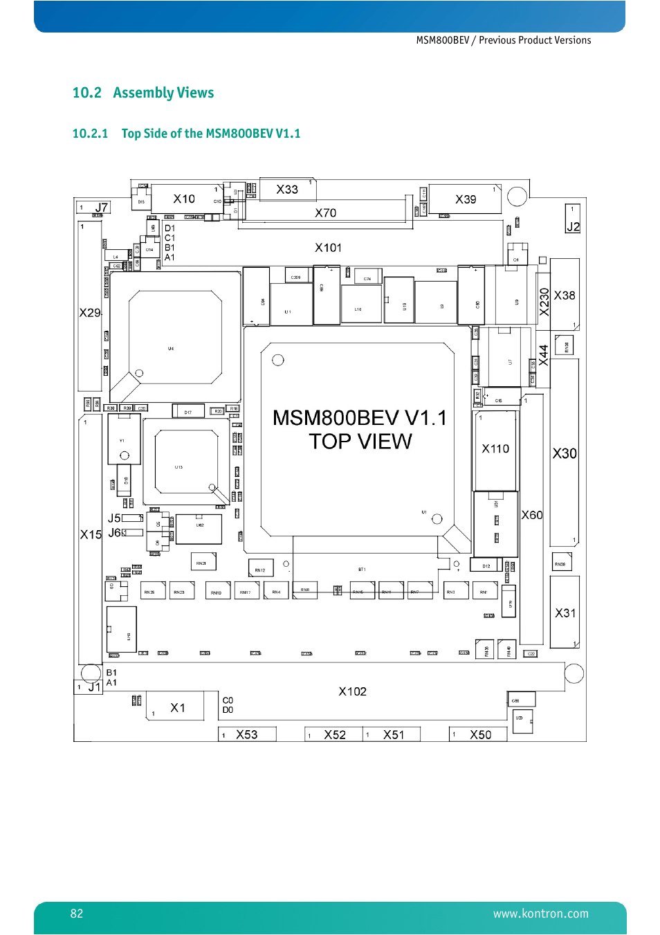 2 assembly views, 1 top side of the msm800bev v1.1, Assembly views | Top side of the msm800bev v1.1 | Kontron MSM800BEV User Manual | Page 84 / 101