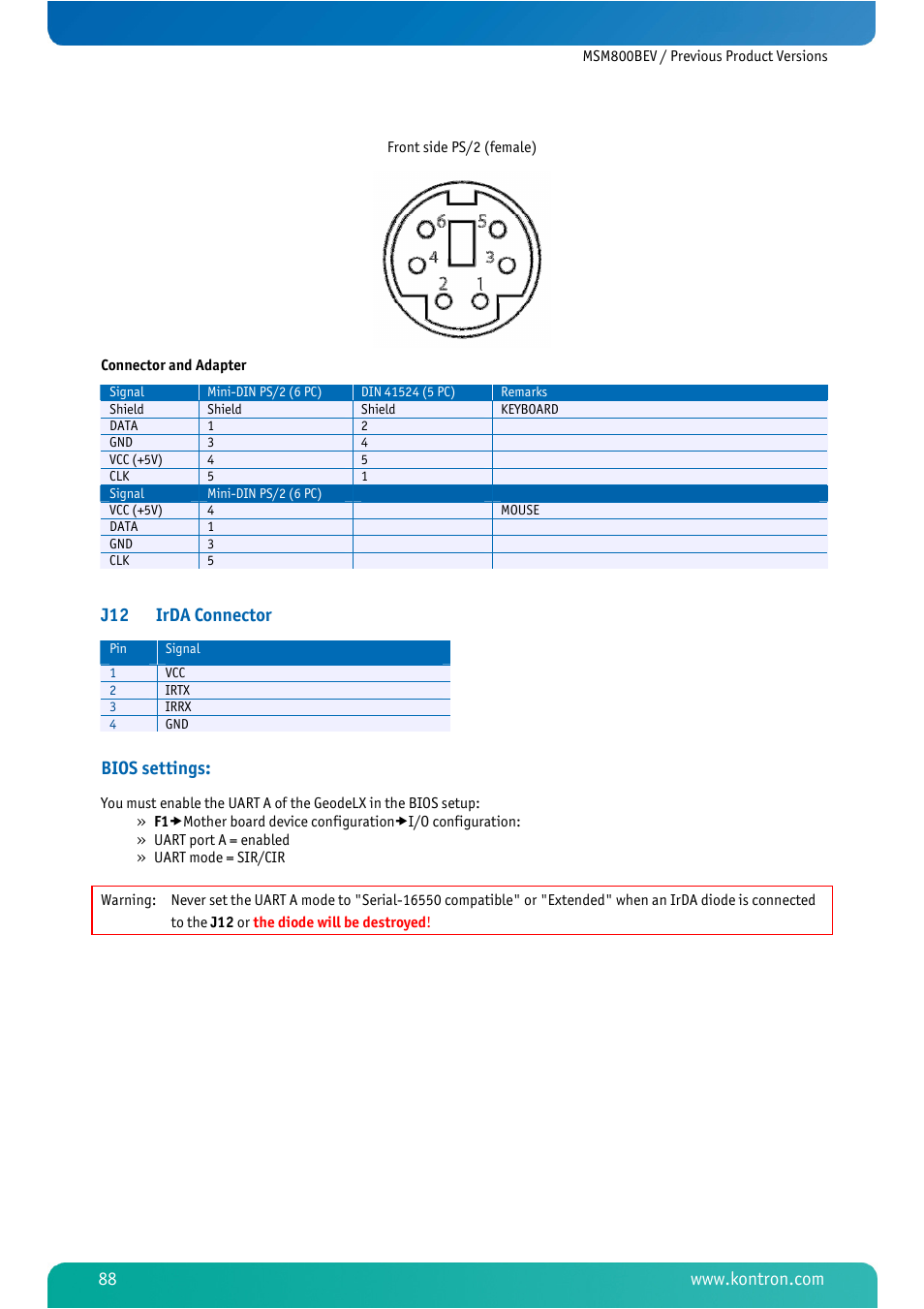 J12 irda connector, Bios settings | Kontron MSM800BEV User Manual | Page 90 / 101