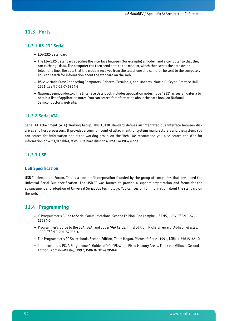3 ports, 1 rs-232 serial, 2 serial ata | 3 usb, 4 programming, Ports, Rs-232 serial, Serial ata, Programming | Kontron MSM800BEV User Manual | Page 96 / 101