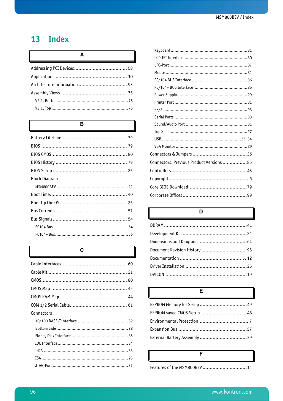13 index, Index | Kontron MSM800BEV User Manual | Page 98 / 101