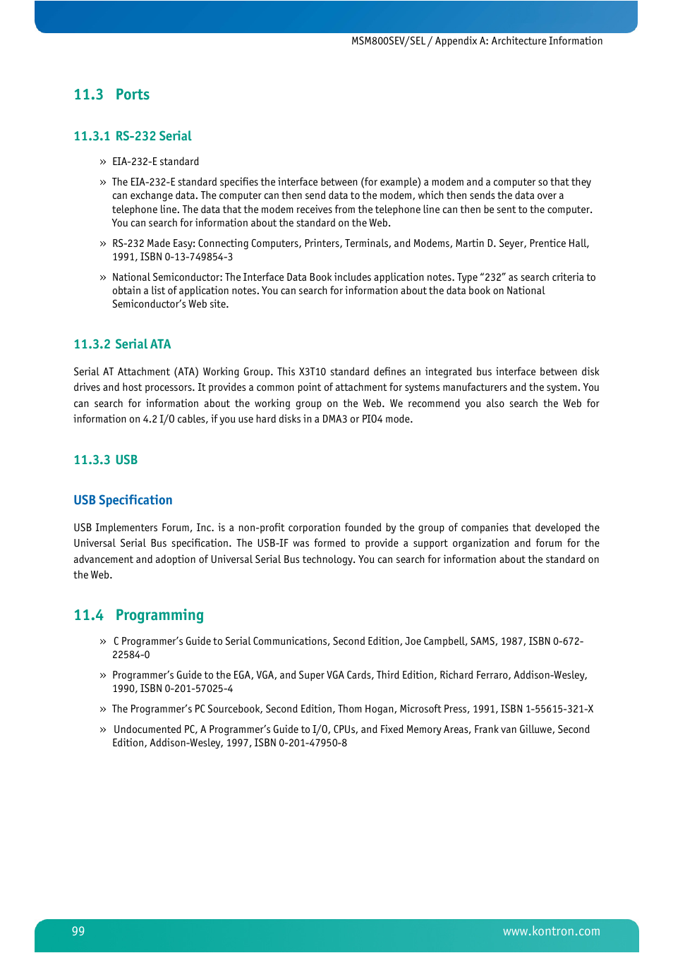 3 ports, 1 rs-232 serial, 2 serial ata | 3 usb, 4 programming, Ports, Rs-232 serial, Serial ata, Programming | Kontron MSM800SEL User Manual | Page 101 / 106