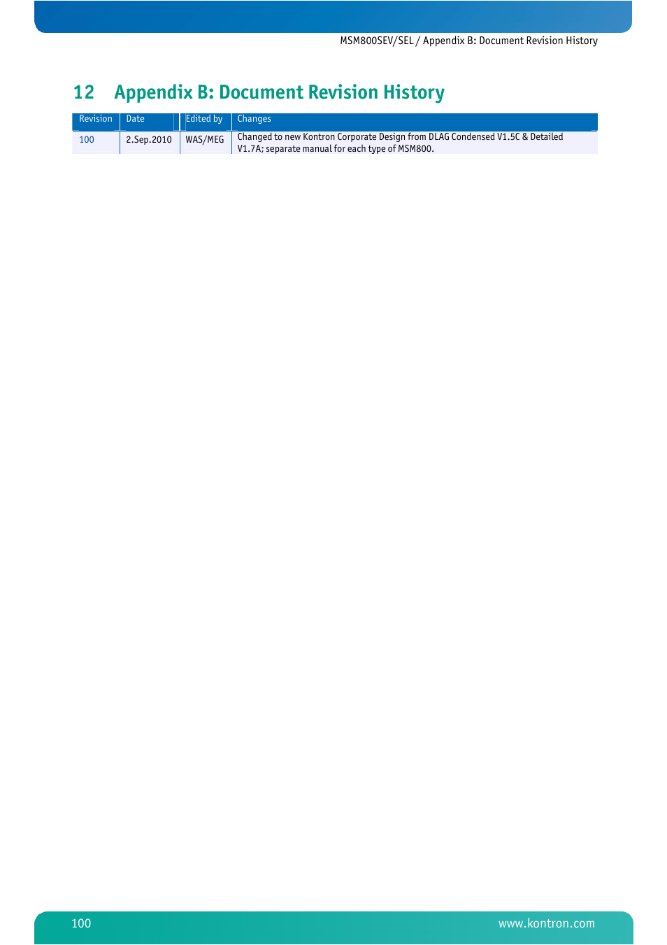 12 appendix b: document revision history, Appendix b: document revision history | Kontron MSM800SEL User Manual | Page 102 / 106