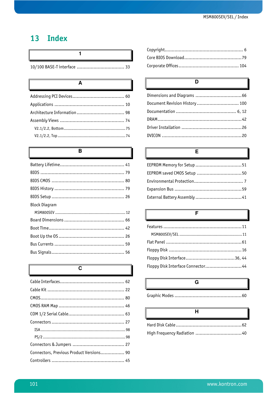 13 index, Index | Kontron MSM800SEL User Manual | Page 103 / 106