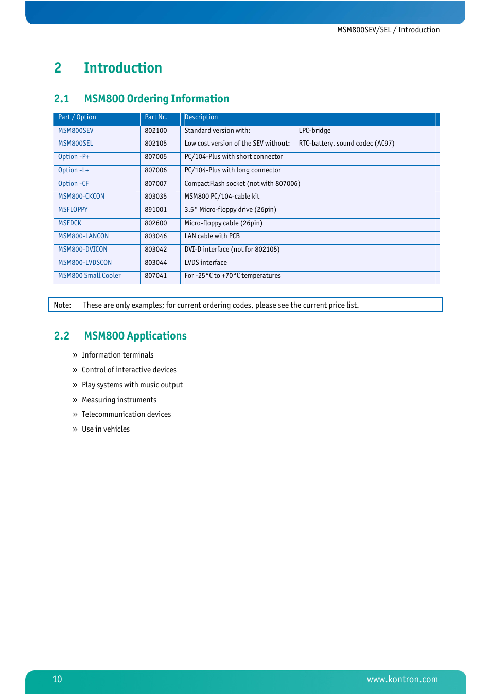 2 introduction, 1 msm800 ordering information, 2 msm800 applications | Introduction, Msm800 ordering information, Msm800 applications, 2introduction | Kontron MSM800SEL User Manual | Page 12 / 106