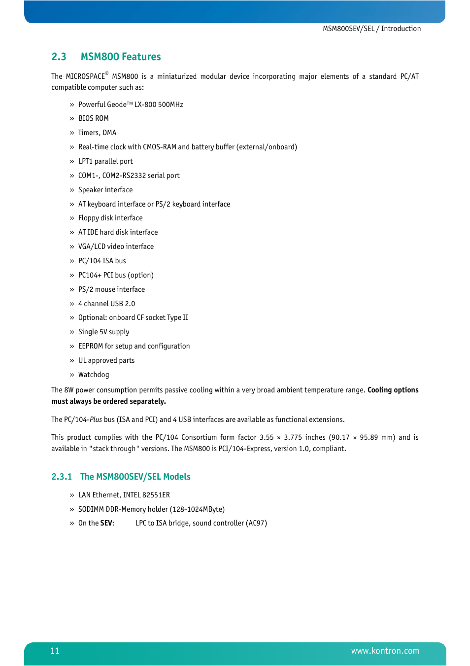 3 msm800 features, 1 the msm800sev/sel models, Msm800 features | The msm800sev/sel models | Kontron MSM800SEL User Manual | Page 13 / 106