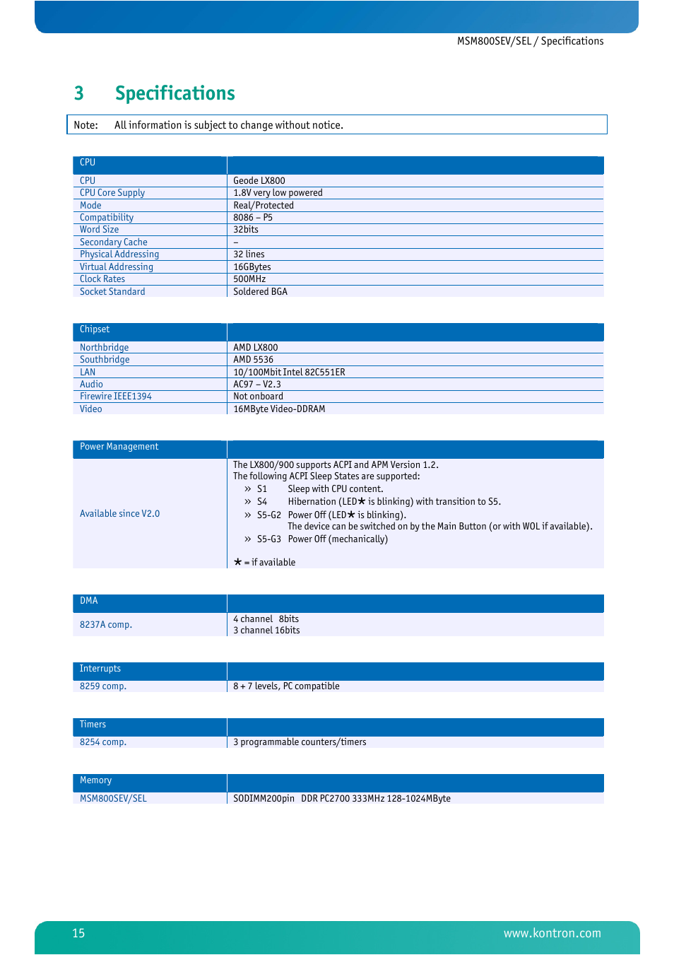 3 specifications, Specifications, 3specifications | Kontron MSM800SEL User Manual | Page 17 / 106