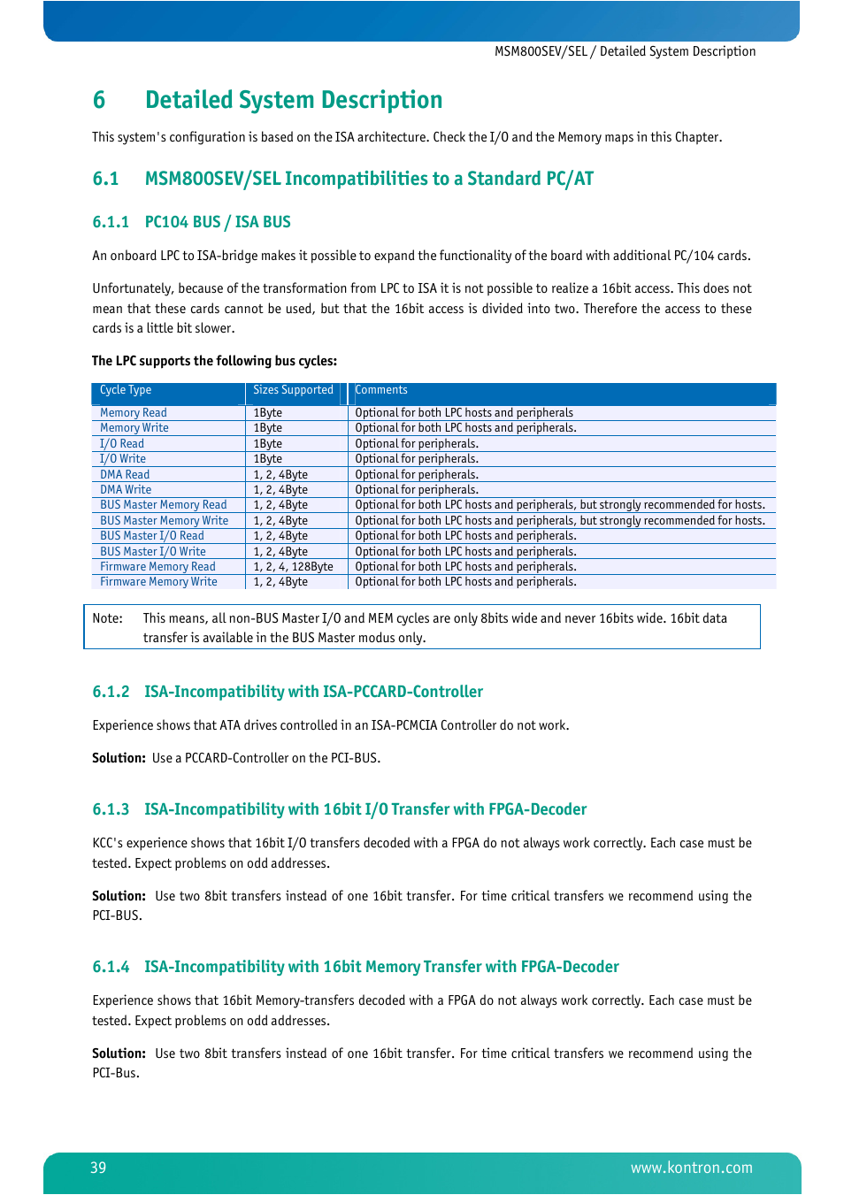 6 detailed system description, 1 pc104 bus / isa bus, 2 isa-incompatibility with isa-pccard-controller | Detailed system description, Pc104 bus / isa bus, Isa-incompatibility with isa-pccard-controller, 6detailed system description | Kontron MSM800SEL User Manual | Page 41 / 106