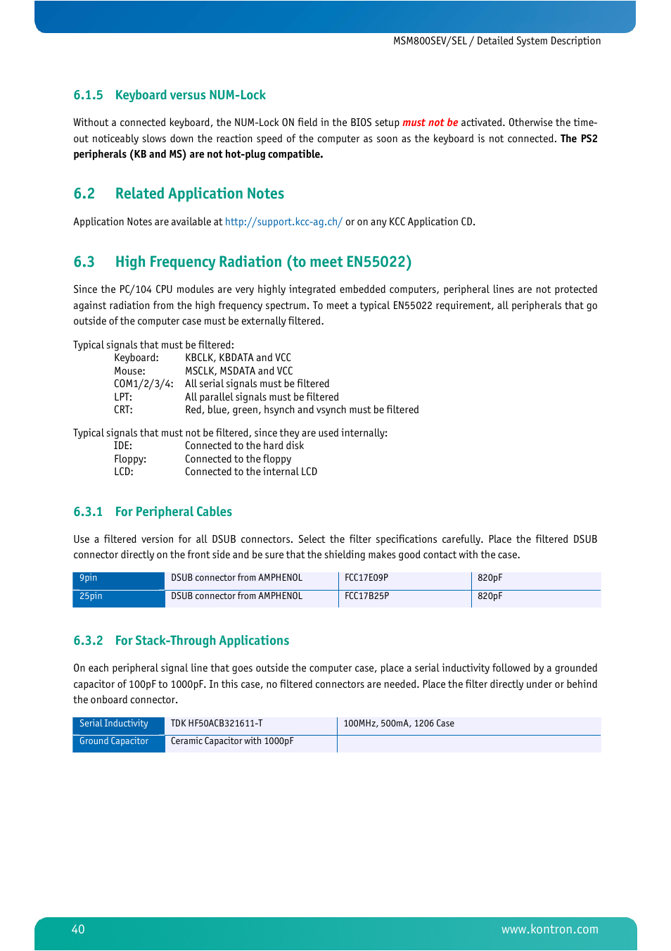 5 keyboard versus num-lock, 2 related application notes, 3 high frequency radiation (to meet en55022) | 1 for peripheral cables, 2 for stack-through applications, Keyboard versus num-lock, Related application notes, High frequency radiation (to meet en55022), For peripheral cables, For stack-through applications | Kontron MSM800SEL User Manual | Page 42 / 106
