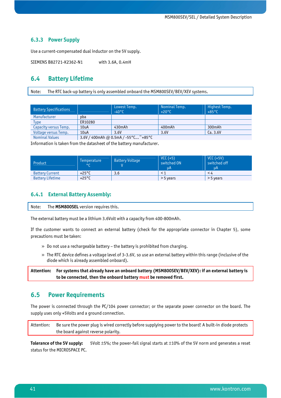 3 power supply, 4 battery lifetime, 1 external battery assembly | 5 power requirements, Power supply, Battery lifetime, External battery assembly, Power requirements | Kontron MSM800SEL User Manual | Page 43 / 106