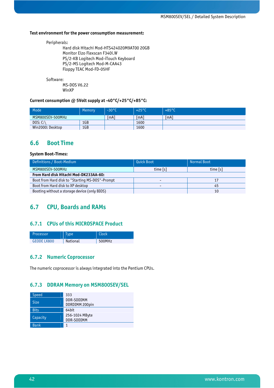 6 boot time, 7 cpu, boards and rams, 1 cpus of this microspace product | 2 numeric coprocessor, 3 ddram memory on msm800sev/sel, Boot time, Cpu, boards and rams, Cpus of this microspace product, Numeric coprocessor, Ddram memory on msm800sev/sel | Kontron MSM800SEL User Manual | Page 44 / 106