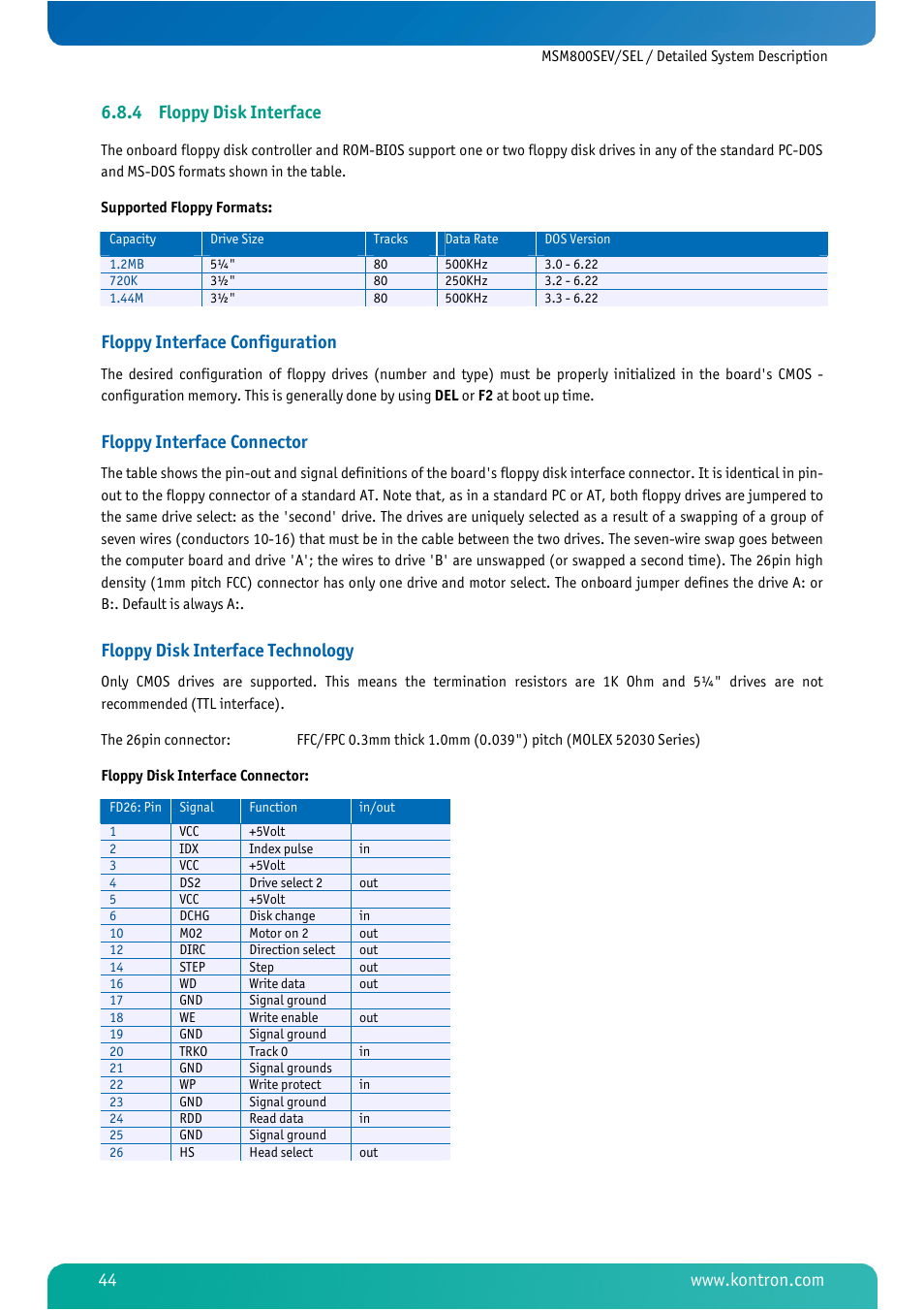 4 floppy disk interface, Floppy disk interface, Floppy interface configuration | Floppy interface connector, Floppy disk interface technology | Kontron MSM800SEL User Manual | Page 46 / 106