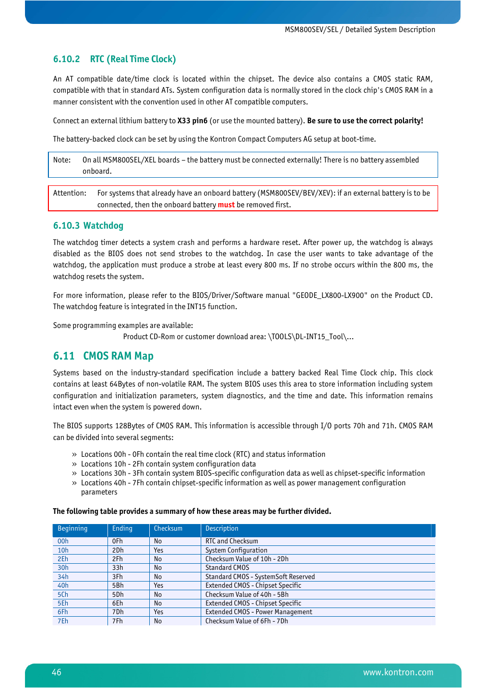 2 rtc (real time clock), 3 watchdog, 11 cmos ram map | Rtc (real time clock), Watchdog, Cmos ram map | Kontron MSM800SEL User Manual | Page 48 / 106