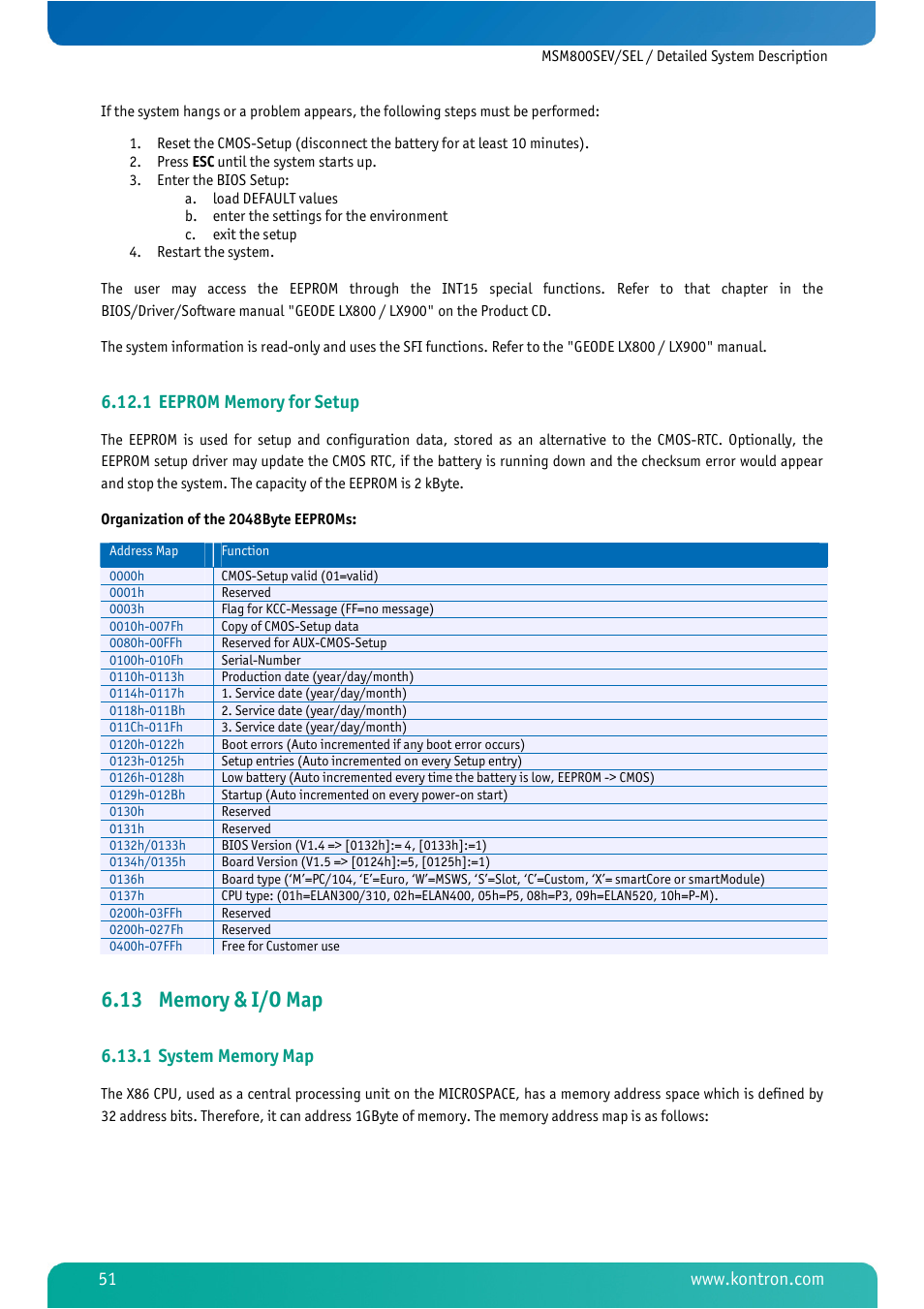 1 eeprom memory for setup, 13 memory & i/o map, 1 system memory map | Eeprom memory for setup, Memory & i/o map, System memory map | Kontron MSM800SEL User Manual | Page 53 / 106