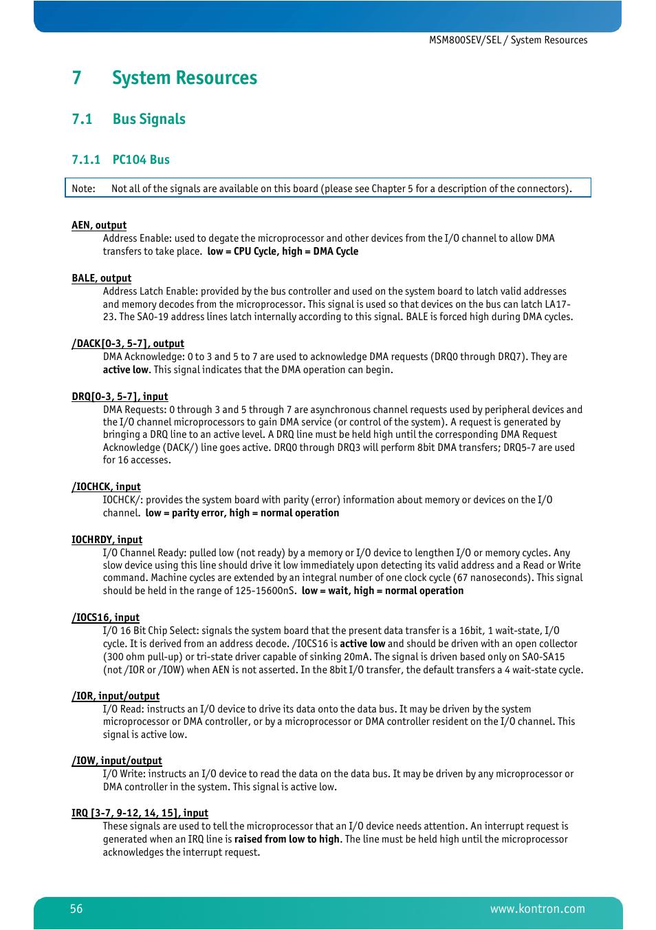 7 system resources, 1 bus signals, 1 pc104 bus | System resources, Bus signals, Pc104 bus, 7system resources | Kontron MSM800SEL User Manual | Page 58 / 106