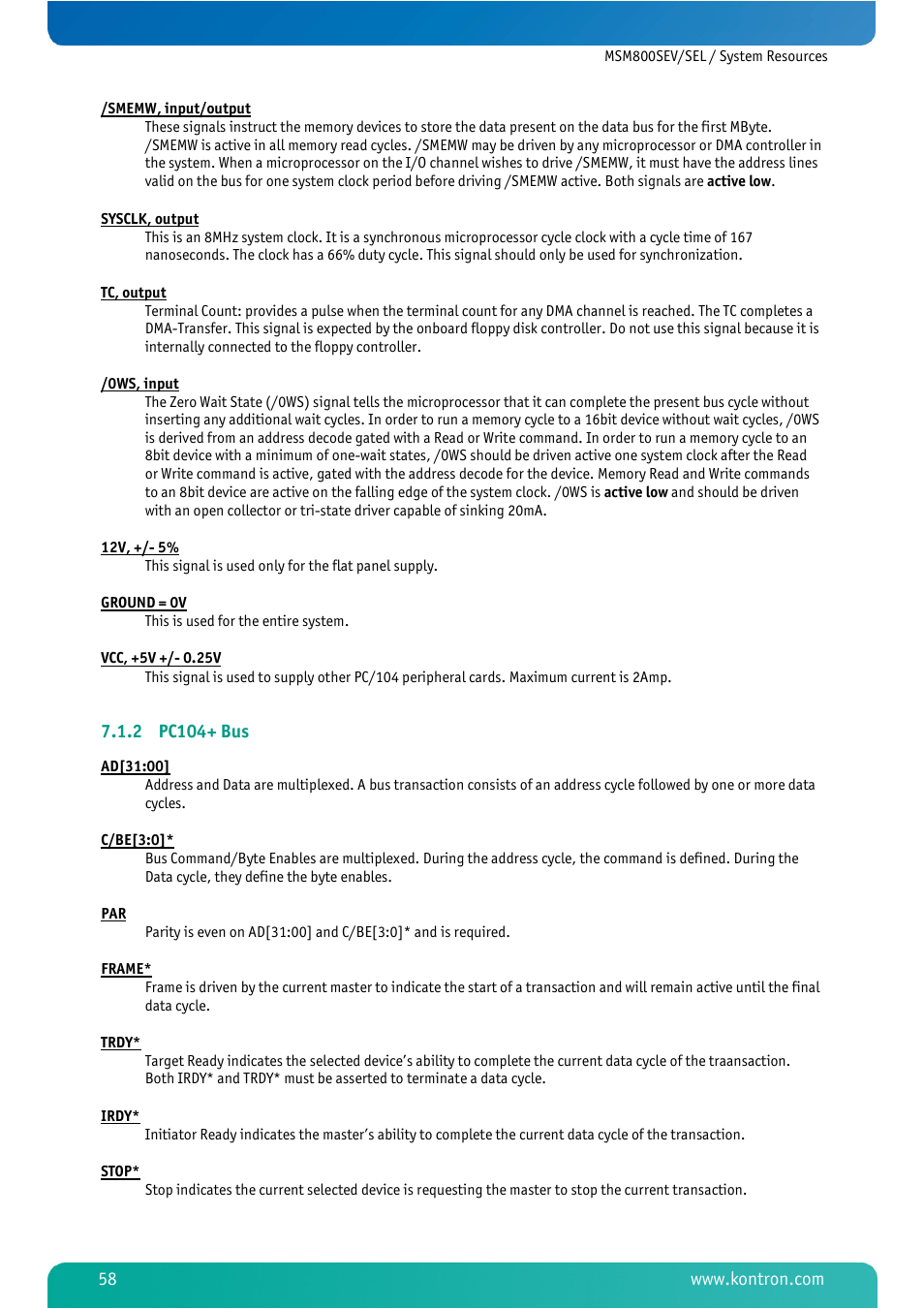 2 pc104+ bus, Pc104+ bus | Kontron MSM800SEL User Manual | Page 60 / 106